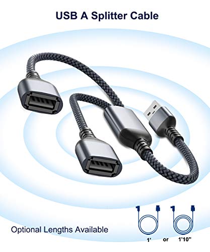 USB Splitter Y Cable 0.3M, USB A 1 Macho a 2 Dual Hembra Extensión Conector,Doble Puerto Multiple USB Extender Hub,Cargador Datos Adaptador Dividido Energía para Mac,Coche,Xbox One,PS4,PS5,PC
