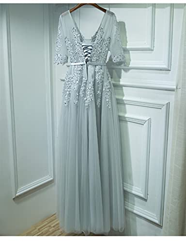 V-cuello del vestido de noche gris de tul con aplicaciones vestidos de noche largo del vestido de dama de honor Damas (Color : 2, US Size : 2)