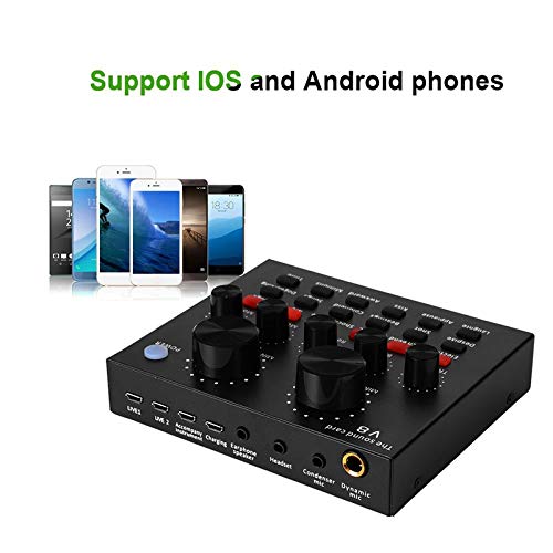 V8 Tarjeta de Sonido Audio Set Interfaz USB Externo Live Micrófono Tarjeta de Sonido Bluetooth Función para Ordenador Pc Teléfono Móvil Canta