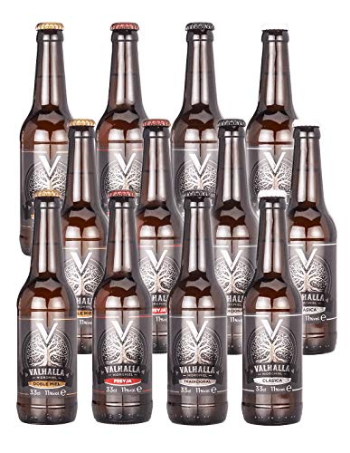 Valhalla Hidromiel Caja de 12 Botellines de 4 Sabores | Surtido Sabores Valhalla Clasic y Tradicional, Valhalla Doble Miel y Valhalla Freyja. Bebida Ecológica. Ideal para Fiestas. Botellines de 33cl