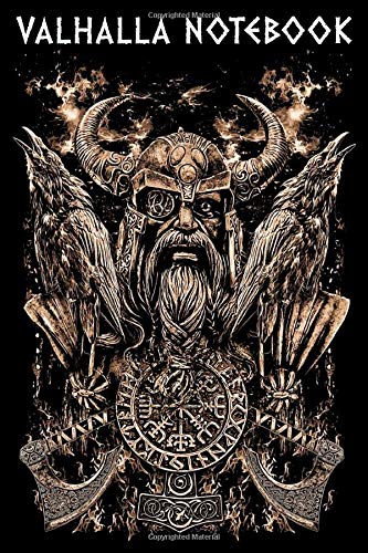 VALHALLA NOTEBOOK: Odin with Huginn and Muninn Portrait Viking Axe and a Vegvisir - 120 Pages College Line Ruled Urnes Style Notebook