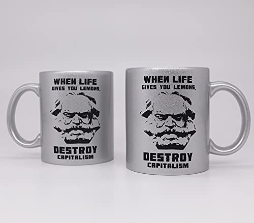 vanVerden Taza con purpurina con texto en alemán – Karl Marx – When life gives you lemons, destroy capitalism – Impresión por ambos lados – Idea de regalo – Color de la taza: plateado brillante