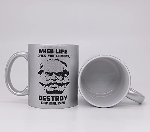vanVerden Taza con purpurina con texto en alemán – Karl Marx – When life gives you lemons, destroy capitalism – Impresión por ambos lados – Idea de regalo – Color de la taza: plateado brillante