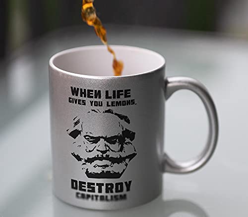 vanVerden Taza con purpurina con texto en alemán – Karl Marx – When life gives you lemons, destroy capitalism – Impresión por ambos lados – Idea de regalo – Color de la taza: plateado brillante