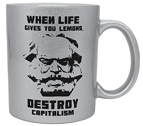 vanVerden Taza con purpurina con texto en alemán – Karl Marx – When life gives you lemons, destroy capitalism – Impresión por ambos lados – Idea de regalo – Color de la taza: plateado brillante
