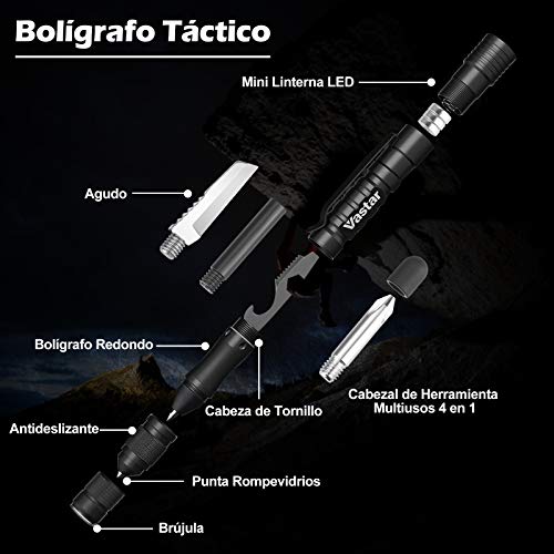 Vastar Bolígrafo Táctico Multifuncional - Herramienta de Autodefensa, Iluminación, Corte, Aflojamiento de Tornillos, Pantalla Táctil, Escritura Diaria Conveniente y Práctico Bolígrafo (Negro)