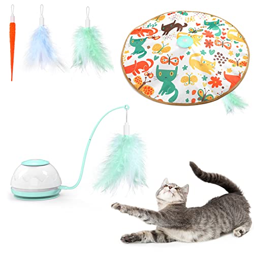 VavoPaw Molino de Viento para Gatos, Placa Giratoria Electrónica Automática con Varillas Plumas Oruga Cubierta Tocadiscos de Juego Captura Juguete Interactivo Divertido para Gatitos, Verde