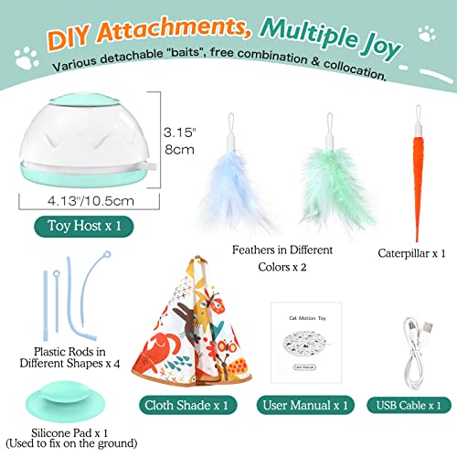 VavoPaw Molino de Viento para Gatos, Placa Giratoria Electrónica Automática con Varillas Plumas Oruga Cubierta Tocadiscos de Juego Captura Juguete Interactivo Divertido para Gatitos, Verde