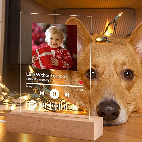 VEELU Marco Placa de Fotos Personalizadas con Codigo Spotify Escaneable Cancion Tablero Vidrio con Base Madera Lamparas de Mesita de Noche Led/Llavero