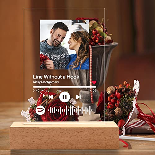 VEELU Marco Placa de Fotos Personalizadas con Codigo Spotify Escaneable Cancion Tablero Vidrio con Base Madera Lamparas de Mesita de Noche Led/Llavero