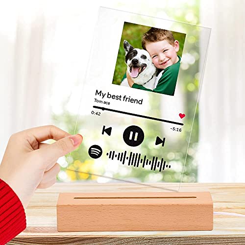 VEELU Marco Placa de Fotos Personalizadas con Codigo Spotify Escaneable Cancion Tablero Vidrio con Base Madera Lamparas de Mesita de Noche Led/Llavero