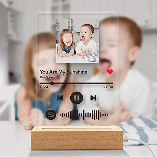 VEELU Marco Placa de Fotos Personalizadas con Codigo Spotify Escaneable Cancion Tablero Vidrio con Base Madera Lamparas de Mesita de Noche Led/Llavero