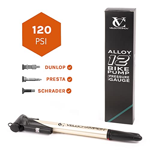 VeloChampion Alloy Pro 12 Mini Bomba para Bicicleta con Manómetro - Se adapta a Presta y Schrader (Válvula Reversible) con 120 PSI / 8.3 bar Presión Máxima – Bomba de aire para Neumático Portátil, Compacta, Duradera y Rápida – Ideal para Carretera, Montañ