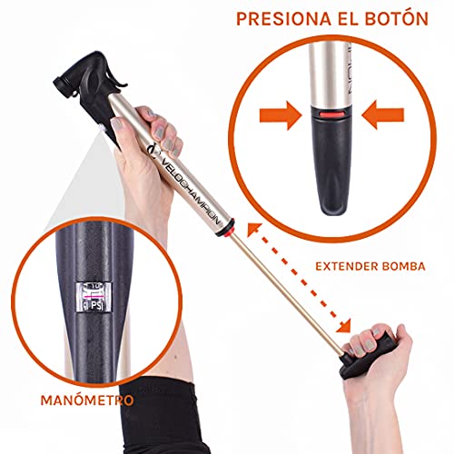 VeloChampion Alloy Pro 12 Mini Bomba para Bicicleta con Manómetro - Se adapta a Presta y Schrader (Válvula Reversible) con 120 PSI / 8.3 bar Presión Máxima – Bomba de aire para Neumático Portátil, Compacta, Duradera y Rápida – Ideal para Carretera, Montañ