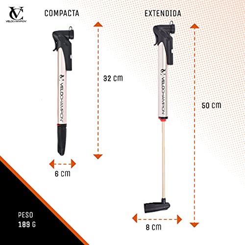VeloChampion Alloy Pro 12 Mini Bomba para Bicicleta con Manómetro - Se adapta a Presta y Schrader (Válvula Reversible) con 120 PSI / 8.3 bar Presión Máxima – Bomba de aire para Neumático Portátil, Compacta, Duradera y Rápida – Ideal para Carretera, Montañ