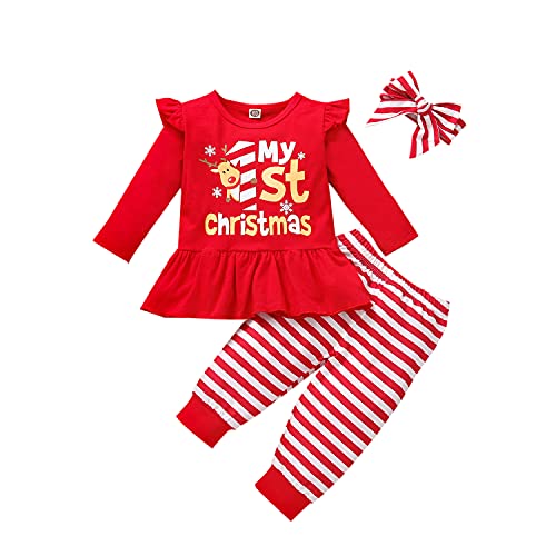 Verve Jelly 3Pcs Baby Girls My First Christmas Outfit Elk Tunic T-Shirt Dress Tops y Stripe Leggings Pants Set Trajes de Navidad Red1 120 2-3 años
