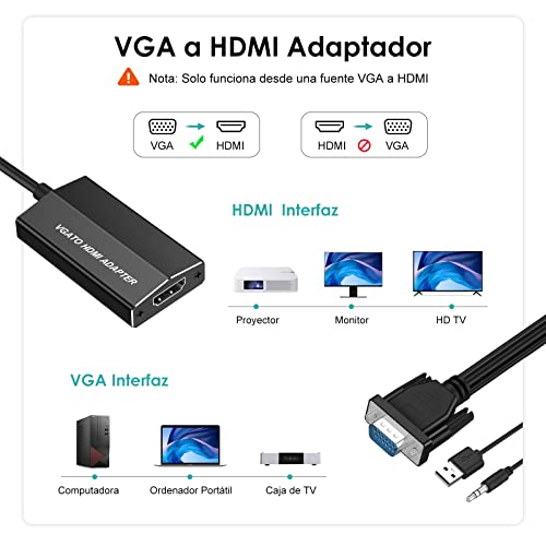 VGA a HDMI, Aluminio VGA a HDMI Adaptador 1080P con Audio, VGA to HDMI Convertidor con Cable de Carga USB para PC, Proyector, Computadora Portátil - VGA Macho a HDMI Hembra