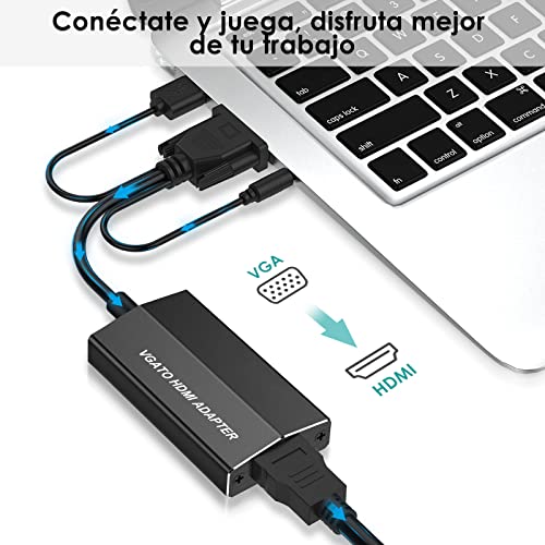 VGA a HDMI, Aluminio VGA a HDMI Adaptador 1080P con Audio, VGA to HDMI Convertidor con Cable de Carga USB para PC, Proyector, Computadora Portátil - VGA Macho a HDMI Hembra