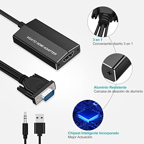 VGA a HDMI, Aluminio VGA a HDMI Adaptador 1080P con Audio, VGA to HDMI Convertidor con Cable de Carga USB para PC, Proyector, Computadora Portátil - VGA Macho a HDMI Hembra