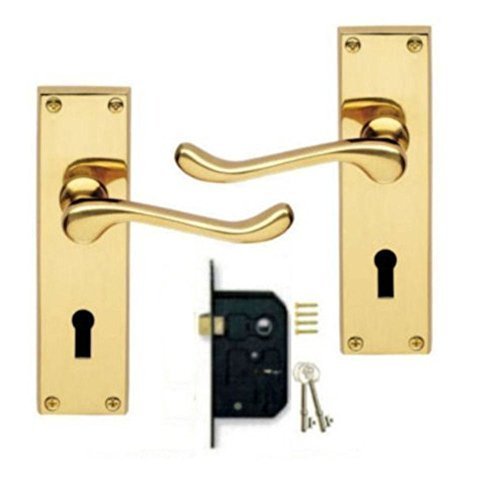Victorian Scroll Polished Brass Lever Lock Door Handles + 2 Lever Lock Set +2 Keys by Discount Hardware UK