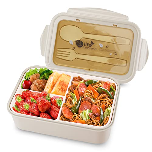 vitutech Fiambrera Bento Box para niños, con 3 compartimentos y cubiertos, apta para microondas y lavavajillas, para el colegio, trabajo, picnic, viajes, sin olor extraño (caqui)