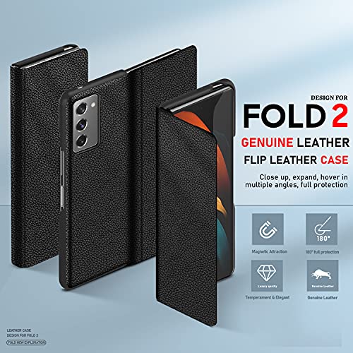 Vizvera Compatible con Funda Galaxy Z Fold 2 2020, Z Fold2 Cuero Genuino Flip Carcasa Ultradelgado Caso Resistente a rayones Anti-caída Protegido para Samsung Galaxy Z Fold 2 5g Funda- Lichi Negra