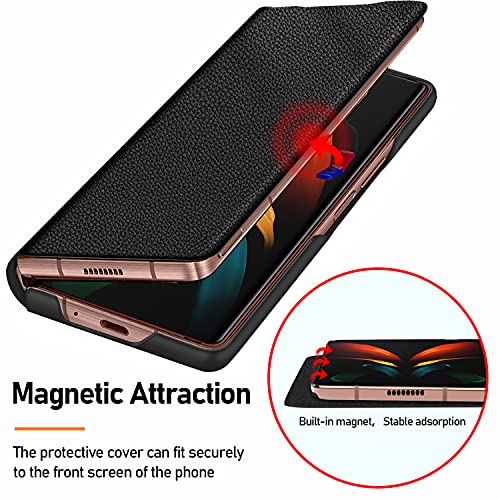 Vizvera Compatible con Funda Galaxy Z Fold 2 2020, Z Fold2 Cuero Genuino Flip Carcasa Ultradelgado Caso Resistente a rayones Anti-caída Protegido para Samsung Galaxy Z Fold 2 5g Funda- Lichi Negra