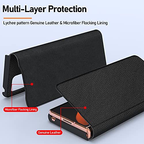 Vizvera Compatible con Funda Galaxy Z Fold 2 2020, Z Fold2 Cuero Genuino Flip Carcasa Ultradelgado Caso Resistente a rayones Anti-caída Protegido para Samsung Galaxy Z Fold 2 5g Funda- Lichi Negra