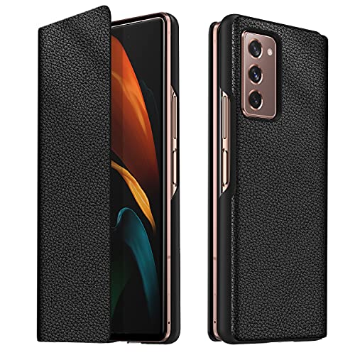 Vizvera Compatible con Funda Galaxy Z Fold 2 2020, Z Fold2 Cuero Genuino Flip Carcasa Ultradelgado Caso Resistente a rayones Anti-caída Protegido para Samsung Galaxy Z Fold 2 5g Funda- Lichi Negra