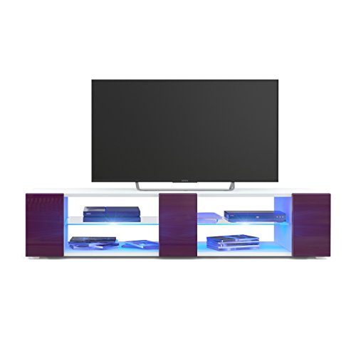 Vladon Mueble TV Movie V2, Mueble Televisor con 6 Compartimentos Abiertos y Franjas Decorativas, Blanco Mate/Zarzamora de Alto Brillo, incluida la iluminación LED Azul (134 x 29 x 39 cm)