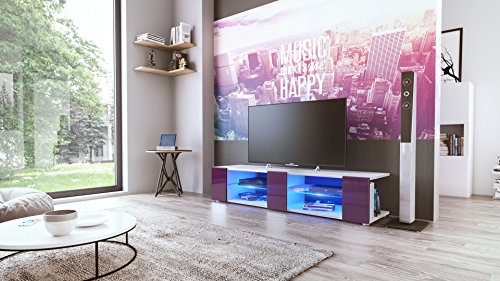 Vladon Mueble TV Movie V2, Mueble Televisor con 6 Compartimentos Abiertos y Franjas Decorativas, Blanco Mate/Zarzamora de Alto Brillo, incluida la iluminación LED Azul (134 x 29 x 39 cm)