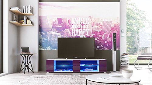 Vladon Mueble TV Movie V2, Mueble Televisor con 6 Compartimentos Abiertos y Franjas Decorativas, Blanco Mate/Zarzamora de Alto Brillo, incluida la iluminación LED Azul (134 x 29 x 39 cm)