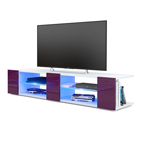 Vladon Mueble TV Movie V2, Mueble Televisor con 6 Compartimentos Abiertos y Franjas Decorativas, Blanco Mate/Zarzamora de Alto Brillo, incluida la iluminación LED Azul (134 x 29 x 39 cm)
