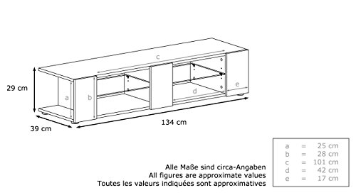 Vladon Mueble TV Movie V2, Mueble Televisor con 6 Compartimentos Abiertos y Franjas Decorativas, Blanco Mate/Zarzamora de Alto Brillo, incluida la iluminación LED Azul (134 x 29 x 39 cm)