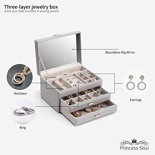 Vlando Caja organizadora de joyas para collares, anillos, pendientes, caja de joyería Vlando con 2 cajones, almacenamiento de joyas de 3 capas para mujeres y niñas con tarjeta de regalo (gris)