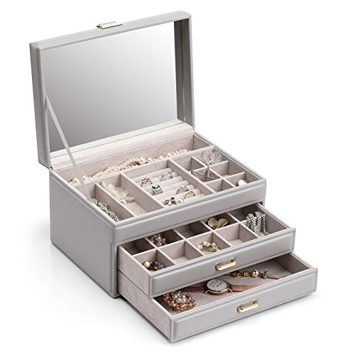 Vlando Caja organizadora de joyas para collares, anillos, pendientes, caja de joyería Vlando con 2 cajones, almacenamiento de joyas de 3 capas para mujeres y niñas con tarjeta de regalo (gris)