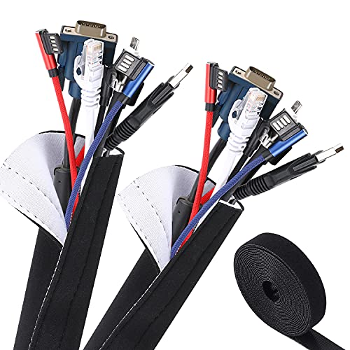 VoJoPi Organizador Cables, 500cm Flexible Funda Cubre Cables de Neopreno +300cm Bridas para Cables, Organizador de Cables de para Recoge TV, PC Cables - Reversible en Blanco y Negro(13,5 cm)