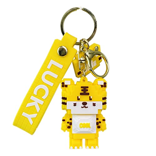 Voldrew Key Chain Reusable Cartoon Cute Building Blocks Tiger Key Ring Compatible with Children Yellow