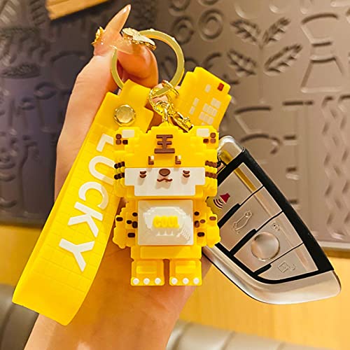 Voldrew Key Chain Reusable Cartoon Cute Building Blocks Tiger Key Ring Compatible with Children Yellow