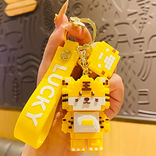Voldrew Key Chain Reusable Cartoon Cute Building Blocks Tiger Key Ring Compatible with Children Yellow