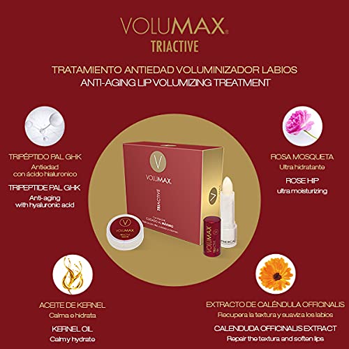 VOLUMAX TRIACTIVE - Tratamiento Antiedad Voluminizador Labios | Balsamo Labial Nocturno + Stick Diurno | Antiarrugas, Regenerador e Hidratante | Vitamina E + Retinol | SPF15