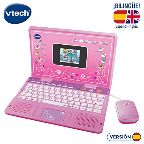 VTech - Genio Máster Color Bilingüe, Ordenador portátil para niños, pantalla a color, enseña vocabulario, matemáticas, ciencias a través de 180 actividades en español e inglés, color rosa (80-133867)