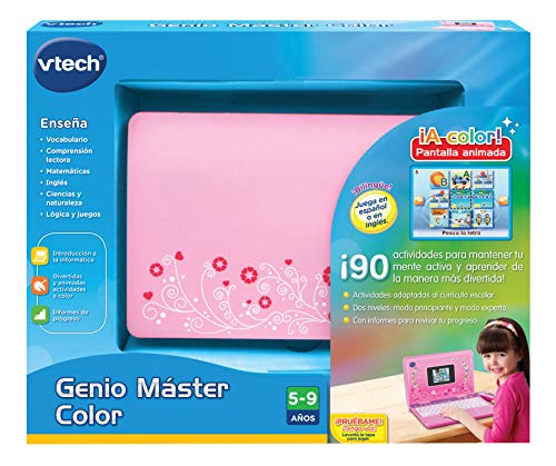 VTech - Genio Máster Color Bilingüe, Ordenador portátil para niños, pantalla a color, enseña vocabulario, matemáticas, ciencias a través de 180 actividades en español e inglés, color rosa (80-133867)