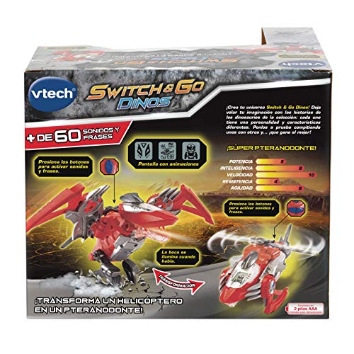VTech Switch&Go Dinos, Sky el pteranodonte, Dinosaurio Que se transforma en vehículo, Juguete para niños +3 años, Versión ESP (3480-197322), Color Rojo