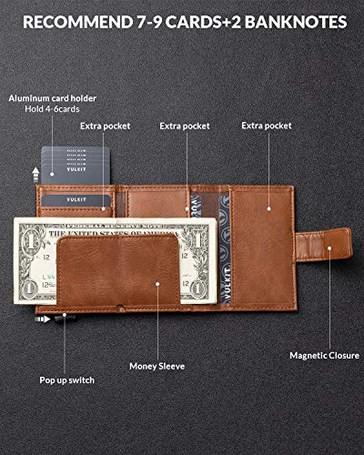 VULKIT Tarjetero para Hombre RFID Bloqueo Piel con Aluminio Cartera con Banda Magnética y Bolsillos para Billetes Cartera Tarjetero Minimalista