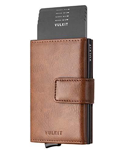 VULKIT Tarjetero para Hombre RFID Bloqueo Piel con Aluminio Cartera con Banda Magnética y Bolsillos para Billetes Cartera Tarjetero Minimalista