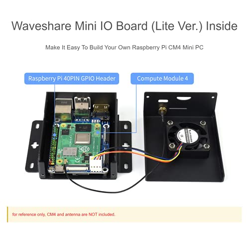 Waveshare Mini ordenador basado en módulos de ordenador Raspberry Pi 4 (no incluidos), CM4-IO-BASE-A en el interior, carcasa de metal, con ventilador, con puertos CSI/DSI/HDMI/USB/RJ45, etc.