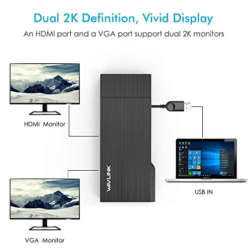 WAVLINK USB 3.0 Universal Docking Station, HDMI Dual 2K Display y Adaptador Gigabit Ethernet, Pantalla de Video y VGA a 2560x1440, Puerto USB 3.0, SD/TF Card Reader, para Windows, Mac, Android