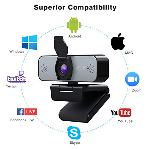 Webcam con Microfono,Yoroshi 4k Cámara PC con Clip Giratorio Cubierta de Privacidad, Webcam PC para Videollamadas, Clases en Línea, Juegos, Compatible con Windows, Mac y Android