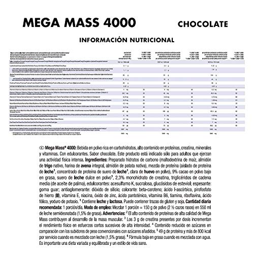Weider Mega Mass 4000 Sabor Chocolate (4000 g). 69% de hidratos.Enriquecido con Vitaminas y Minerales. Con menos azúcares